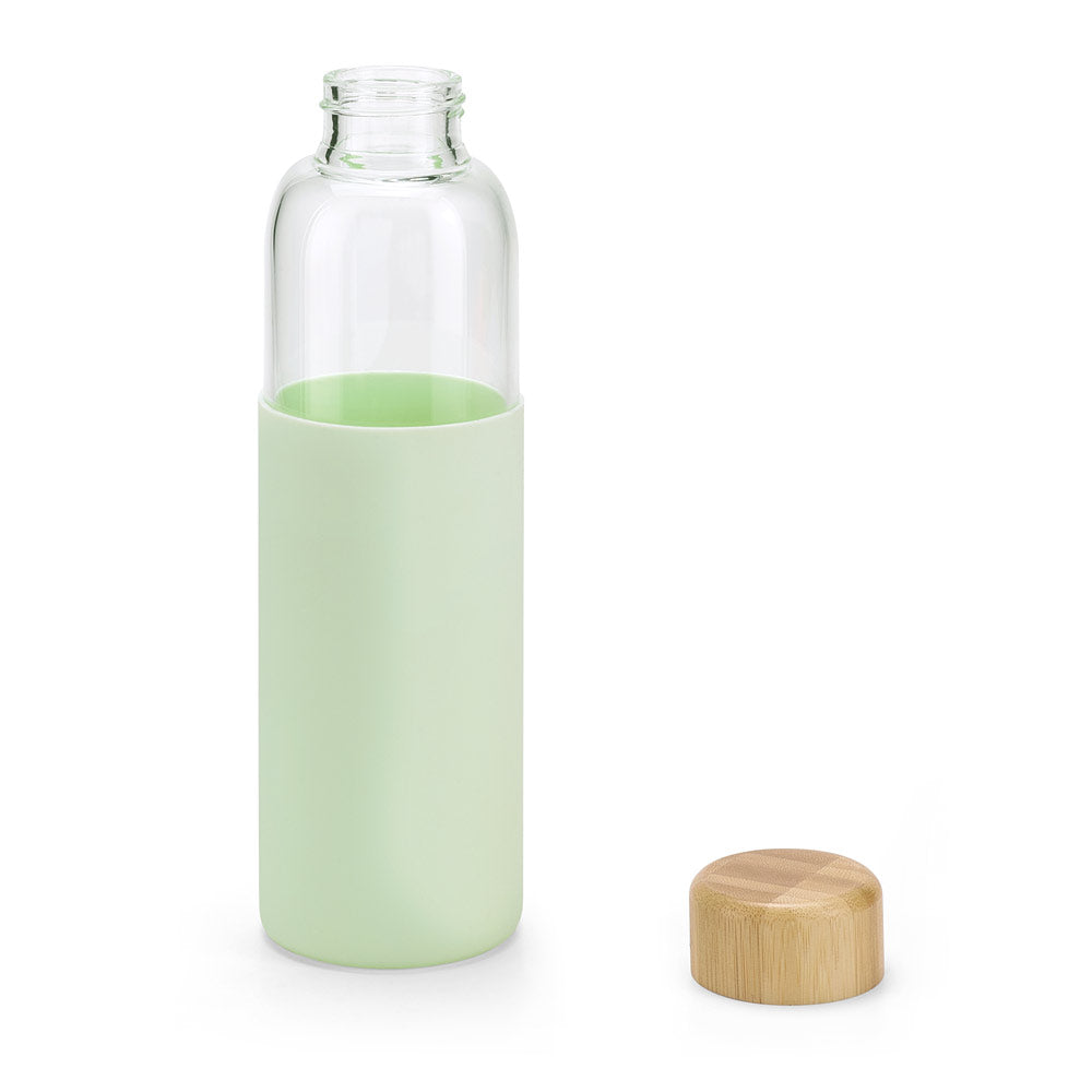 600 mL Borosilicate glass bottle with bamboo screw-on lid and silicone pouch