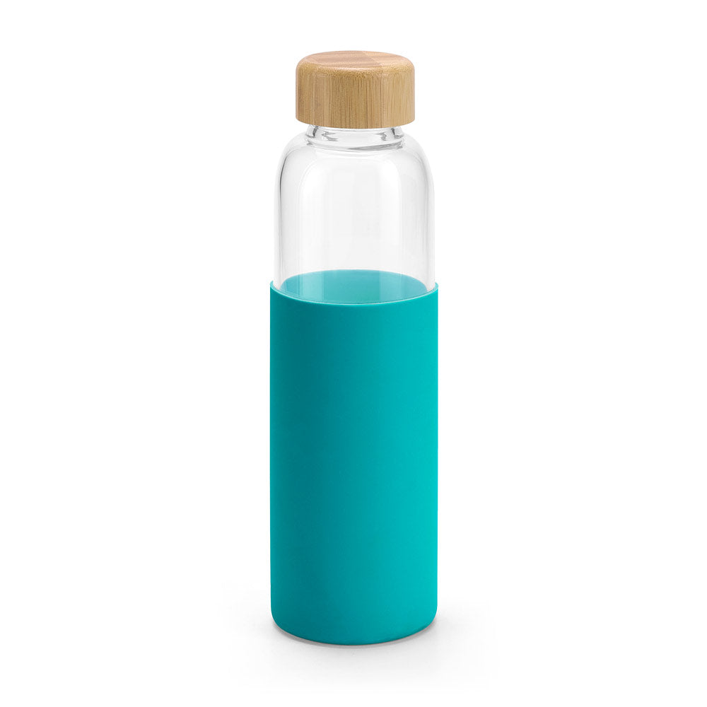 600 mL Borosilicate glass bottle with bamboo screw-on lid and silicone pouch